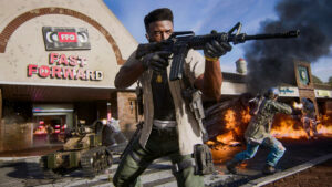 Call of Duty Black Ops 6 Twitch Drops: soldier holding a gun outside a video store.