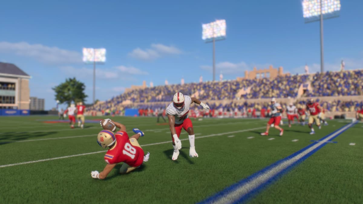 A defense player makes a tackle in College Football 25
