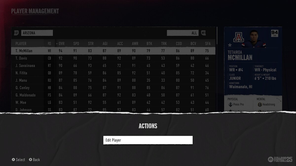 Can you edit players in College Football 25 Dynasty: Selecting a player to edit in College Football 25.