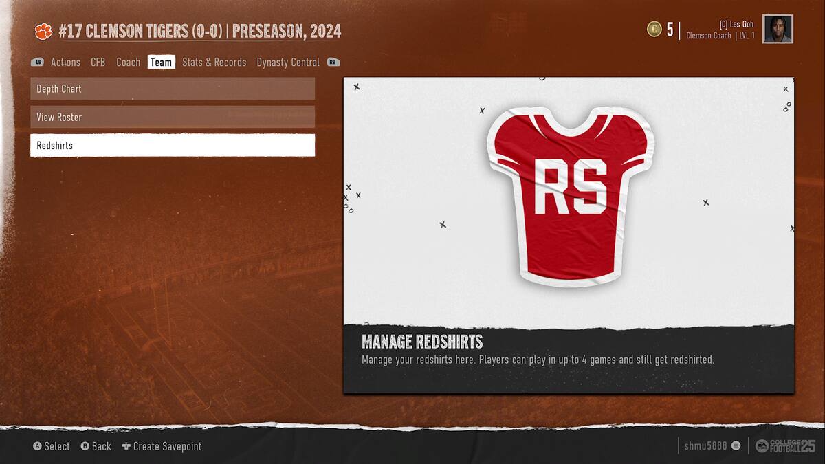 College Football 25 how to Redshirt: The Redshirt option in the team screen in Dynasty mode.