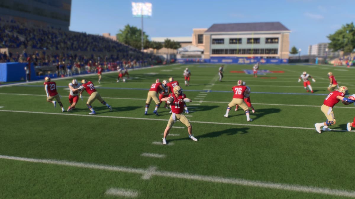 An offensive player passes in College Football 25
