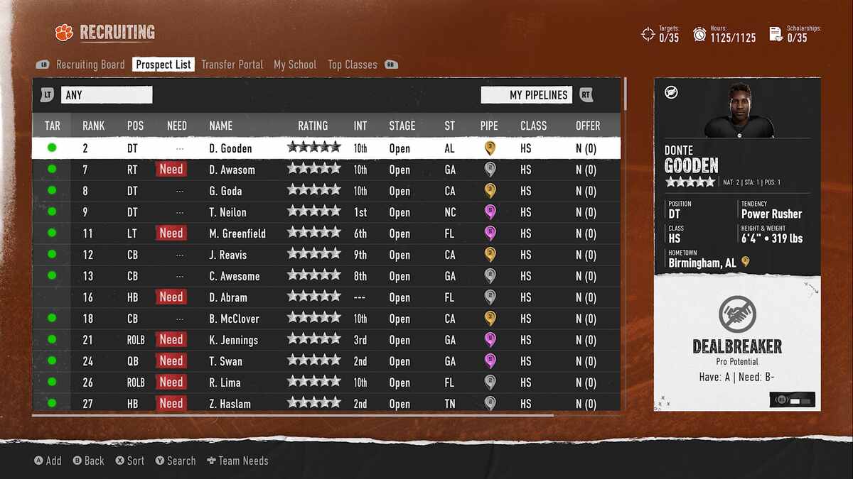 College Football 25 review: A list of players in the Dynasty mode recruitment menu.