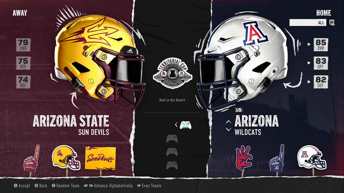 College Football 25 review: Arizona State and Arizona in the team selection menu.