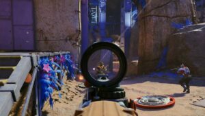 Concord beta how to sign up: Aiming down the sights of a gun at another player amidst some ruins.