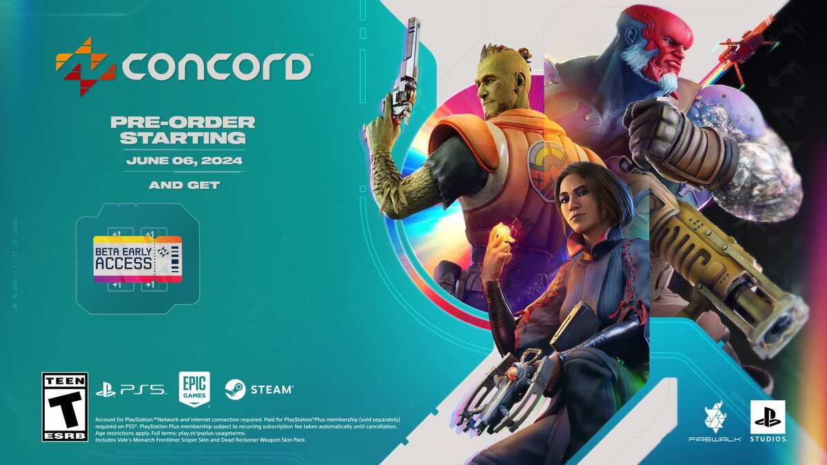 Concord beta how to sign up: Three Concord characters on the right of the image with a message stating that pre orders for Concord begin on June 06 2024.