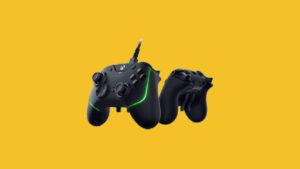 The best controller for Fortnite in 2023, featuring a black and green design against a yellow background.