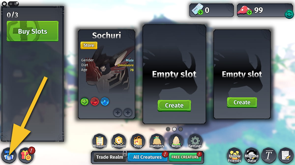 Image of the main menu in Creatures of Sonaria in Roblox, with an arrow pointing at the gift icon.