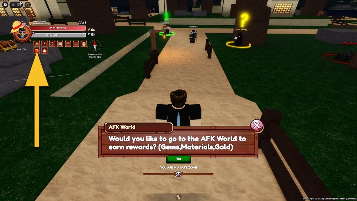 A Cross Piece player in the lobby, a yellow arrow points at a red Gift icon on the left side of the screen.