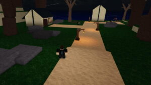 A Cross Piece player standing on a path, surrounded by grass, trees and houses.