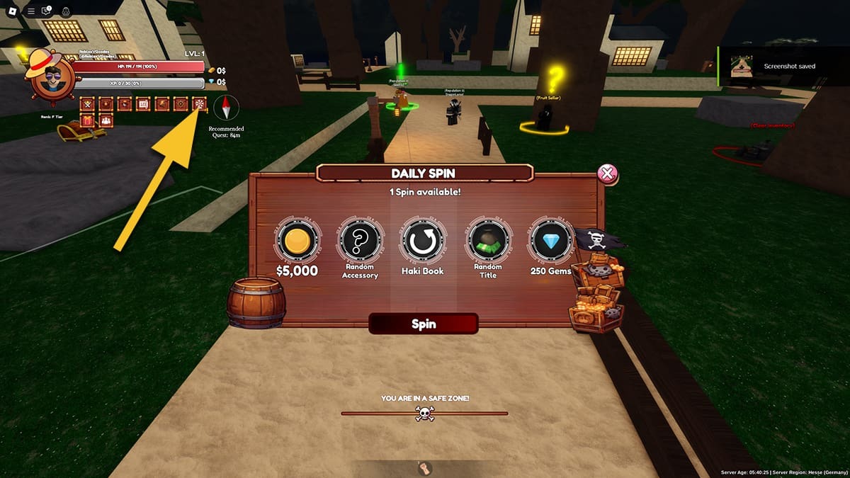 The Daily Spin menu in Cross Piece. A yellow arrow points at the Spinning Wheel icon on the left side of the screen.