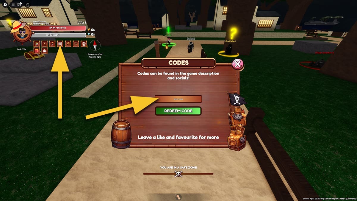 A yellow arrow points at the 123 icon on the left side of the screen. Another yellow arrow points at the text box on the Codes menu where the Cross Player has to enter codes.