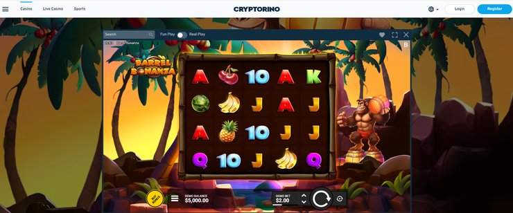 Screenshot of the Barrel Bonanza slot game at Cryptorino