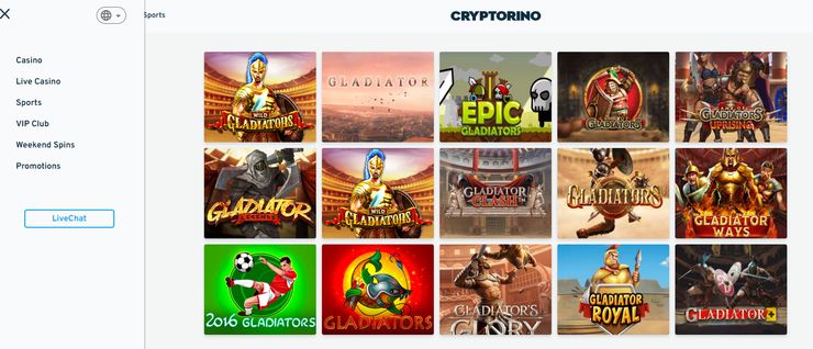 Selection of Gladiator slot games available at Cryptorino