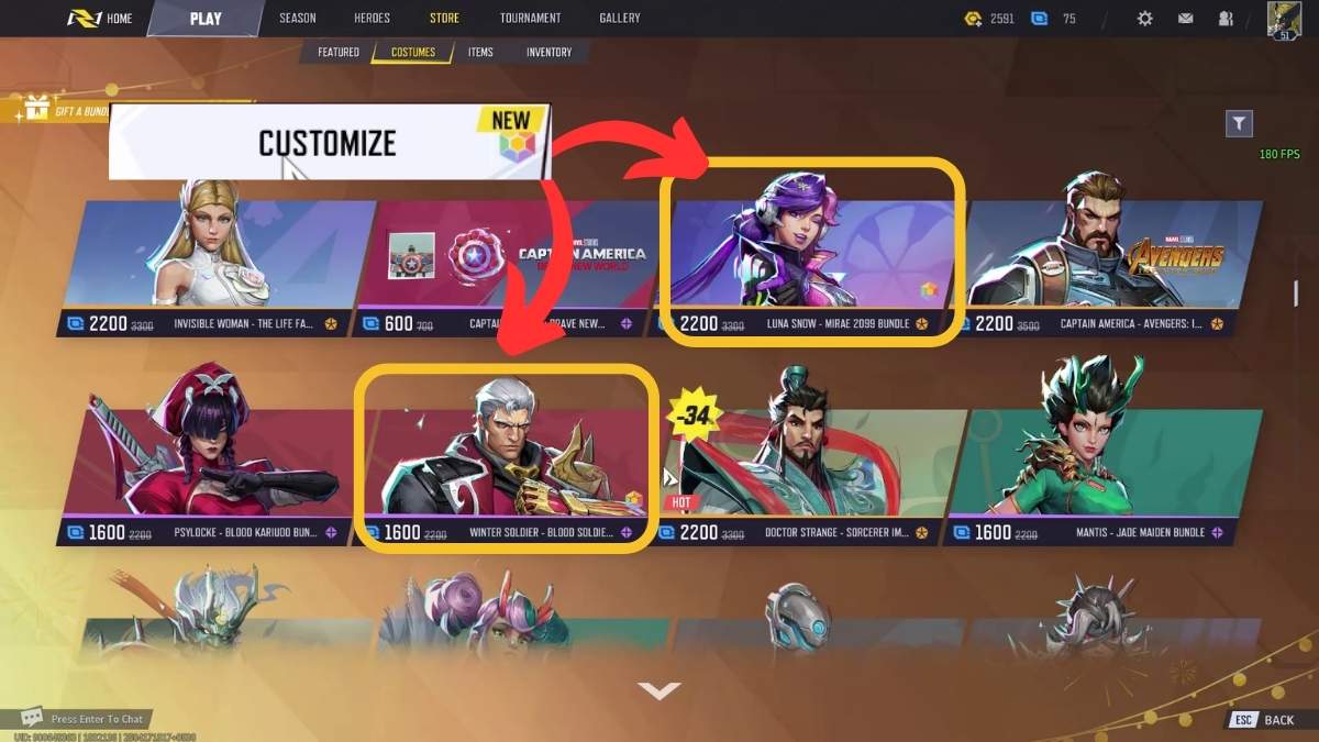 Marvel Rivals shop customizable skins
