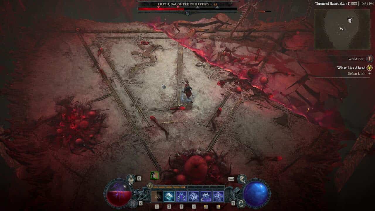 Diablo 4 Lilith boss: The second phase of the Lilith fight. The arena is crumbling and growths dot the ground.