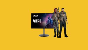 A group of people standing in front of the best gaming monitor for Cyberpunk 2077 2023, showcasing the word vitro.