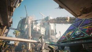Cyberpunk 2077 Ultimate Edition: A screenshot of a futuristic city in the game. Image captured by VideoGamer.