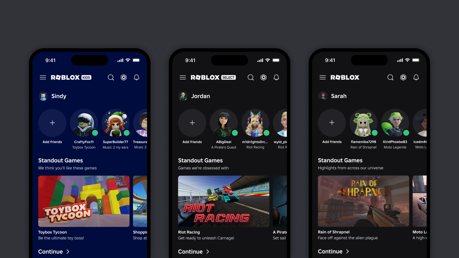 Roblox Kids and Selection accounts screenshots