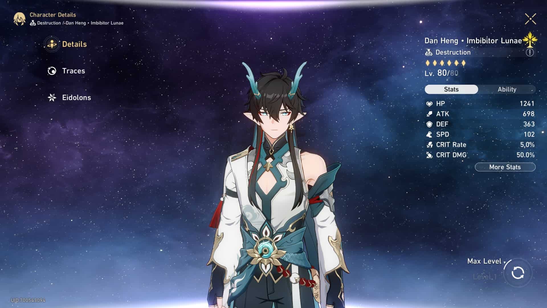 Honkai Star Rail - Dan Heng Imbibitor Lunae in the character menu