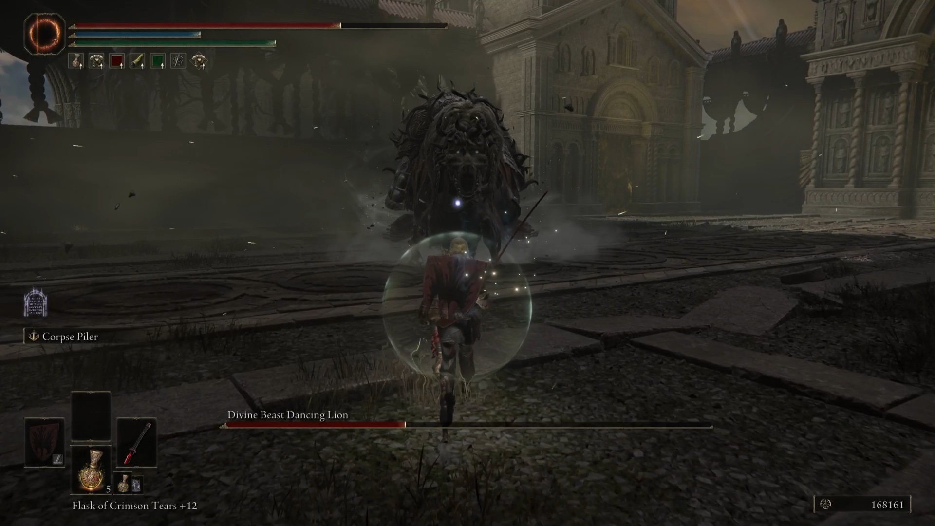 elden ring shadow of the erdtree divine beast dancing lion boss - the dancing lion looks at our character, who now has a bubble