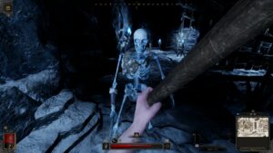 Dark and Darker vs Dungeonborne: Swinging an axe at a skeleton in an icy cave.
