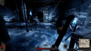 Dark and Darker races: A player wielding an axe walking towards a skeleton archer in an icy cave.