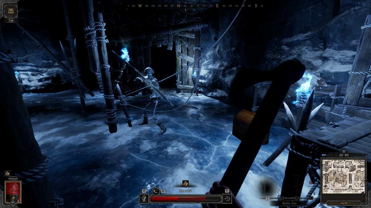 Dark and Darker races: A player wielding an axe walking towards a skeleton archer in an icy cave.