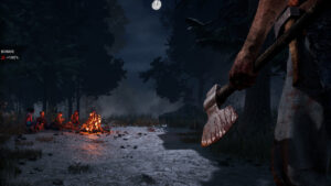 Dead by Daylight beginners guide: A Killer with a hatchet stands a distance away from Nick Cage, Claudette, and others gathered around a campfire.