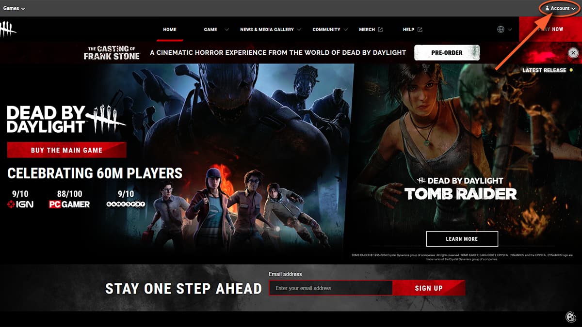 Image of the Dead by Daylight website, with focus pointing where to click to log into Behaviour account.