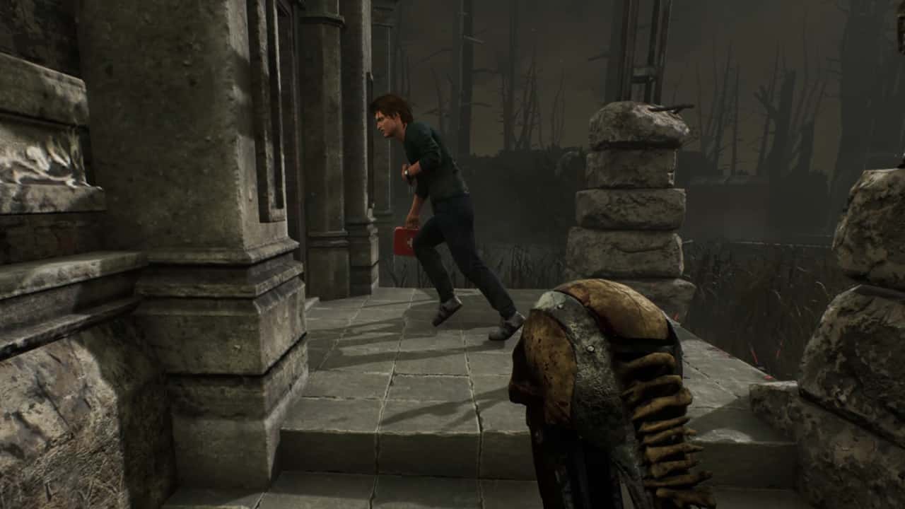 Dead by Daylight best DLC content to buy: A Survivor playing Steve Harrington runs past a Wraith Killer in hot pursuit.