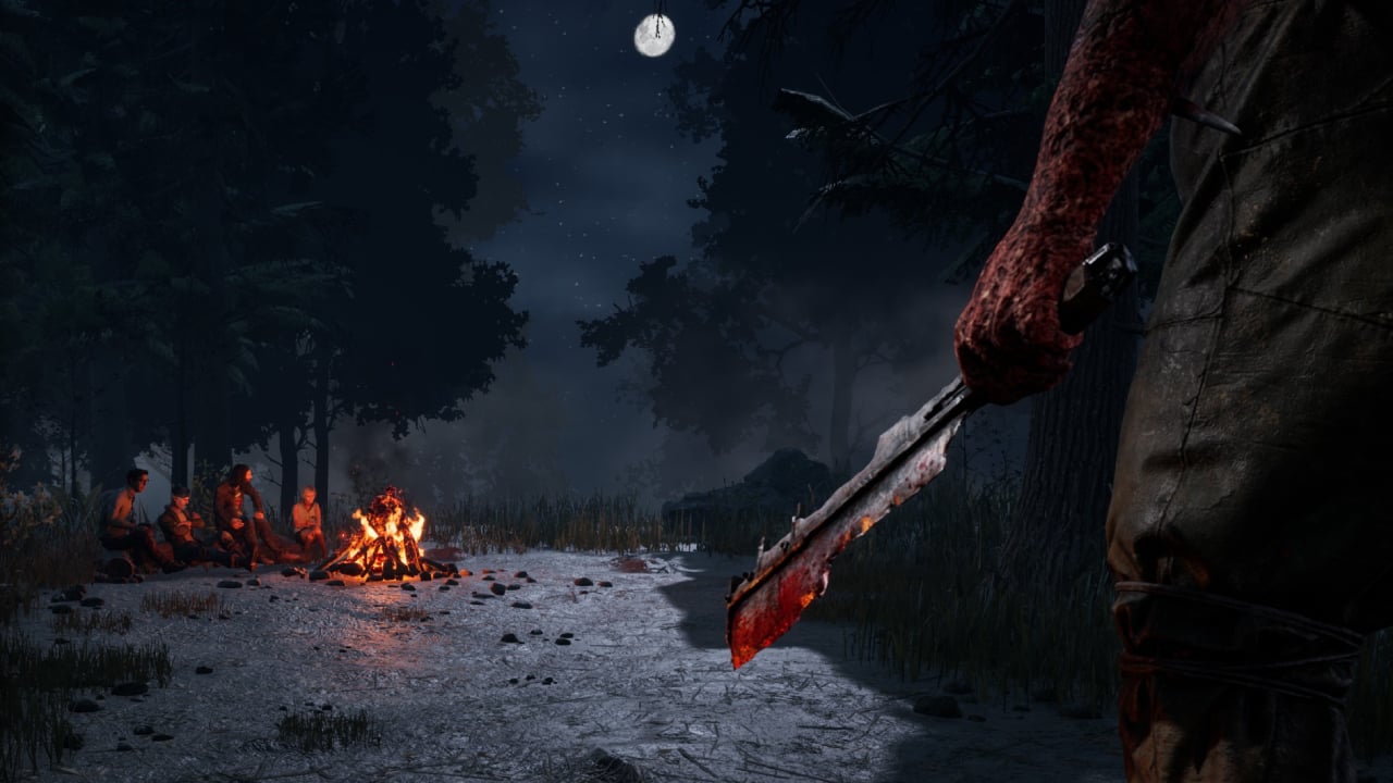 Dead by Daylight how to drop items explained: A killer holding a knife as they approach a campfire of Survivors.
