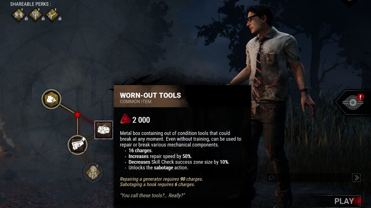 Dead by Daylight how to drop items explained: The Worn-Out Tools item seen in the Bloodweb of a Survivor.