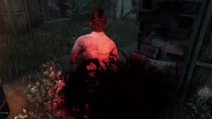 Dead by Daylight how to get bloody clothes explained: A survivor is stabbed, blood spraying from their back.