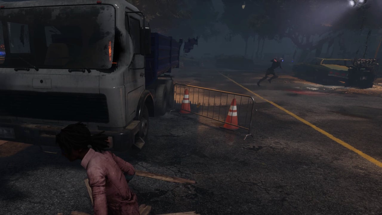 Dead by Daylight how to get Iridescent Shards fast: A Survivor runs through the street, narrowly avoiding an encounter with Legion, who is running in the opposite direction further down the road.