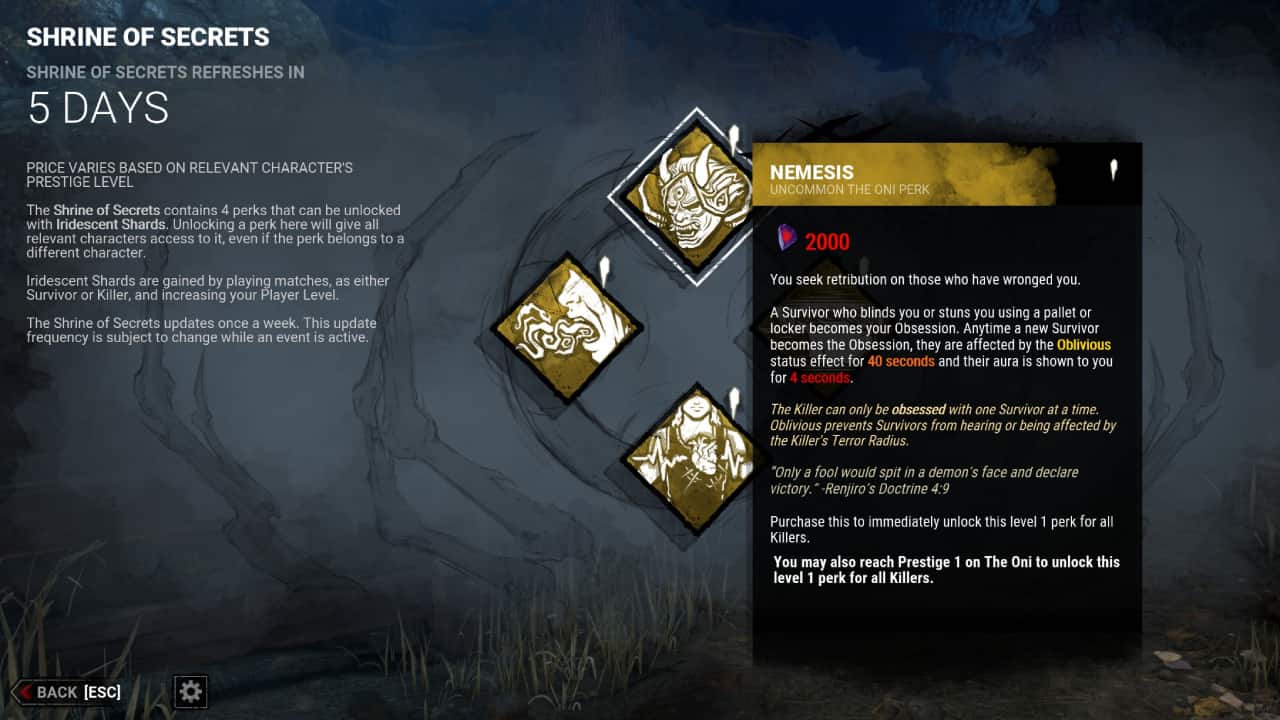 Dead by Daylight how to get Iridescent Shards fast: The Shrine of Secrets, highlighted over a perk named Nemesis.