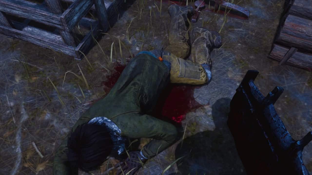 Dead by Daylight how to Mori Survivors and pull off your most stylish finishers: A Survivor lies in a dying stat on the ground as the Killer looms over them.