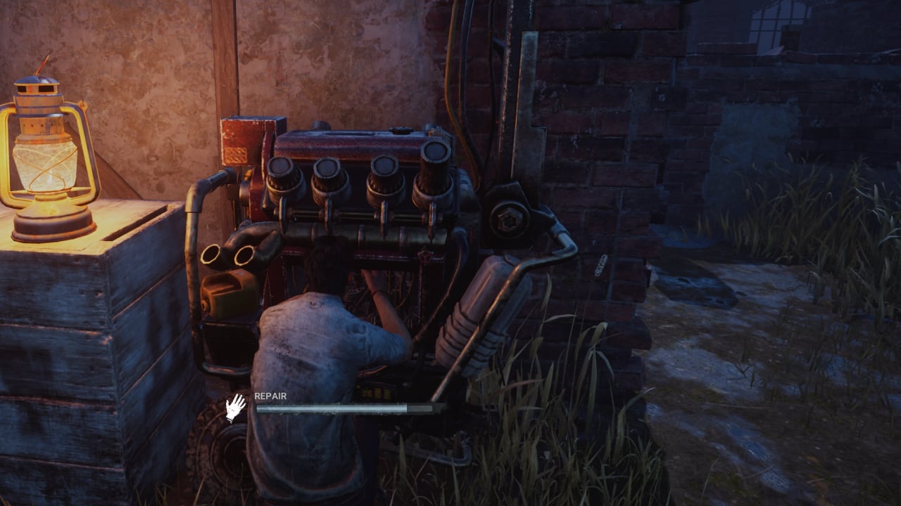 Dead by Daylight how to repair a generator: A survivor begins repairing a generator.