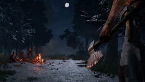 Image of the Killer observing a Survivor camp on the main screen of Dead by Daylight.