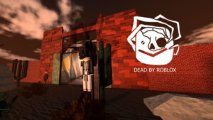 In-game shot in Dead by Roblox showing a hooked character with the game's logo on the side.