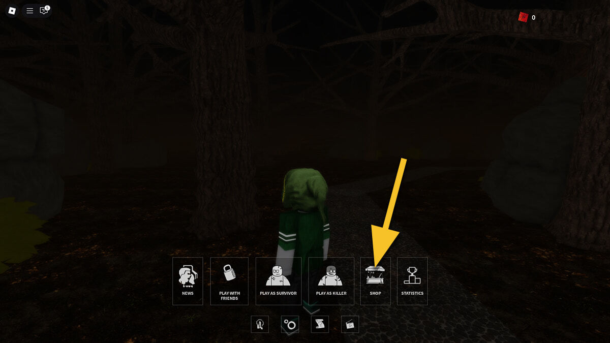 The lobby in Dead by Roblox with a yellow arrow pointing towards the Shop button.