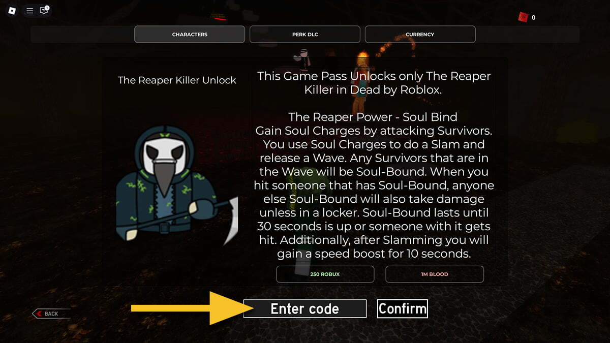 The Shop in Dead by Roblox, showing The Reaper, with a yellow arrow pointing towards the text box for codes.