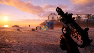 Dead Island 2 fast travel: Venice Beach in the game, with the player holding a machine pistol.