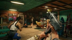 Dead Island 2 legendary weapons: The player holding a machine pistol in co-op with two other players.