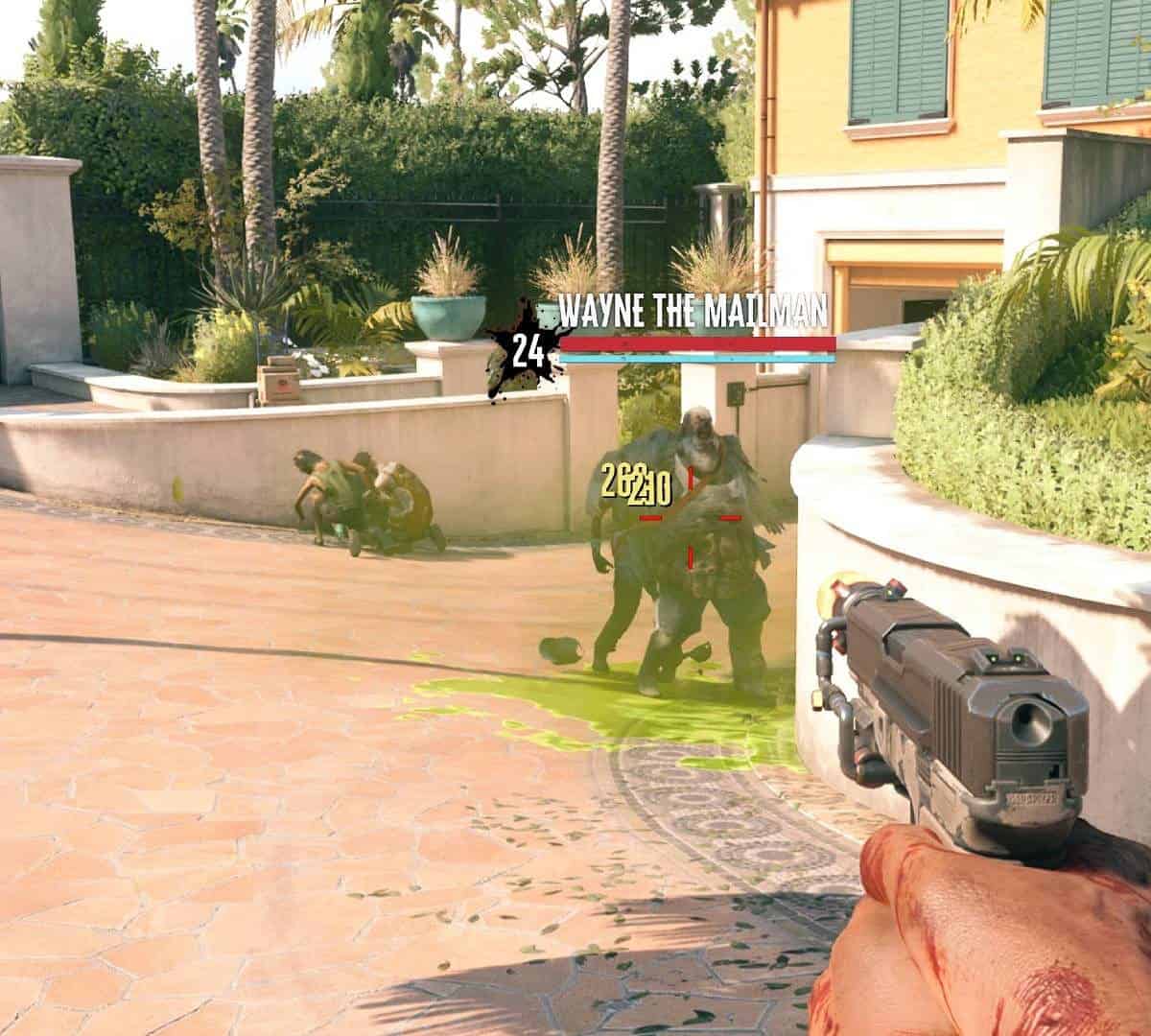 Dead Island 2 My Mailman Was A Zombie: The player holding a pistol looking at Wayne the Mailman, a Putrefied Slobber.