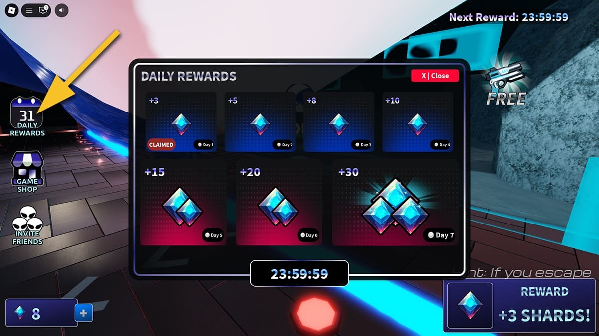 Daily Rewards screen in Roblox Dead Space with a yellow arrow pointing to the Daily Rewards button.