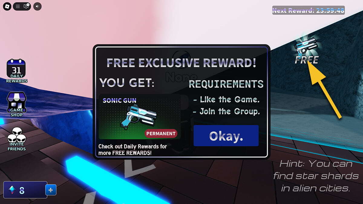 Screen in Roblox Dead Space swoing the Sonic Gun as a free reward, with a yellow arrow pointing to the Sonic Gun button.