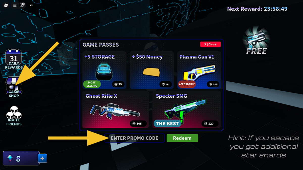 Shop screen in Roblox Dead Space with yellow arrows pointing to the Game Shop button and the text box for the codes.