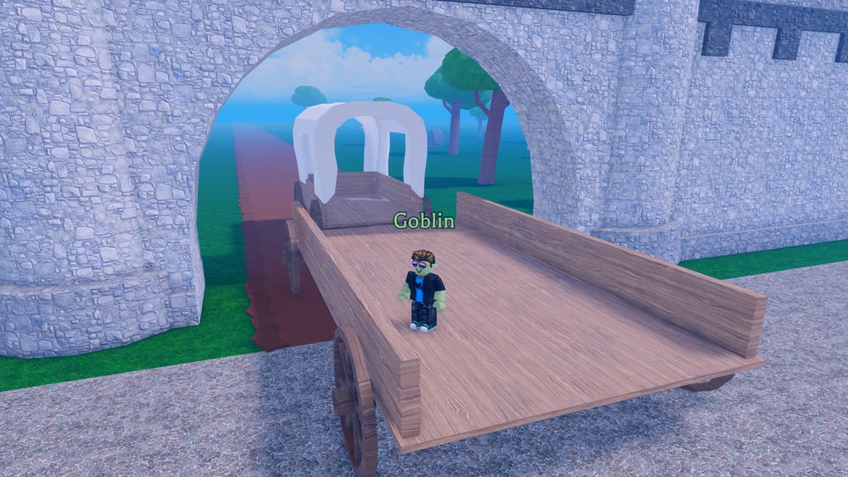 Image of the player playing as the Goblin class, one of the best classes in Dead Spells on Roblox, standing on top of a cart at castle gates.