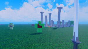 A couple of goblins standing on a field next to ancient ruins in Dead Spells.