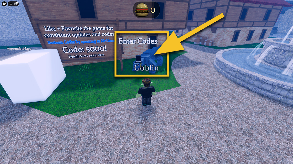 Village background. A Goblin stands in front of the Codes NPC in Dead Spells. A yellow arrow point to the Codes NPC.